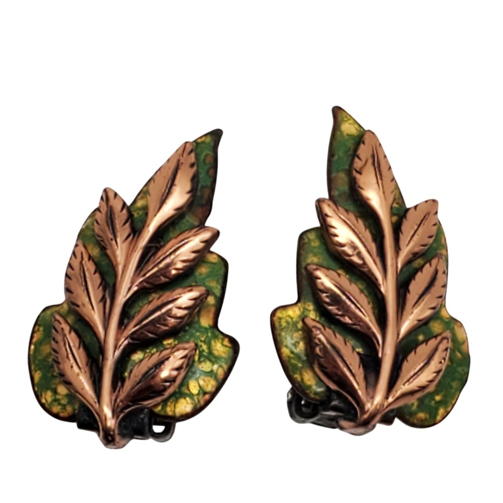 Matisse Renoir Earrings Copper Green Enamel Leaf Clip On Vintage 1950s Nature